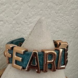 BCBG Generation "FEARLESS" Bracelet | Teal Faux Leather & Gold-Tone Letters